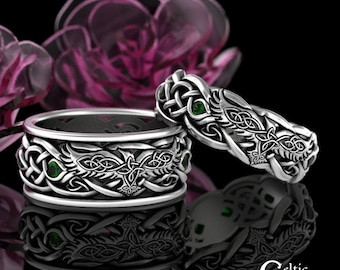 Emerald Viking Wedding Rings, Sterling Raven Ring Set, Emerald Raven Rings, Matching Wedding Bands, Celtic Raven Wedding Rings, 4728 4729