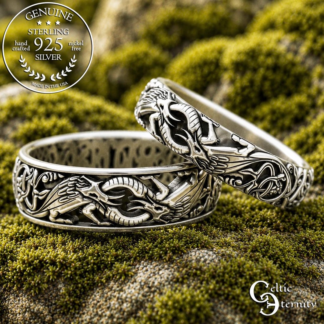 Sterling Silver Dragon Wedding Ring Set, Matching Dragon Wedding