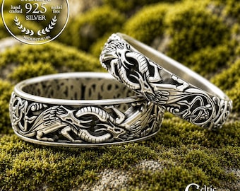 Sterling Silver Dragon Wedding Ring Set, Matching Dragon Wedding Rings, Silver Celtic Matching Wedding Bands, Celtic Dragon Rings, 1380 1803
