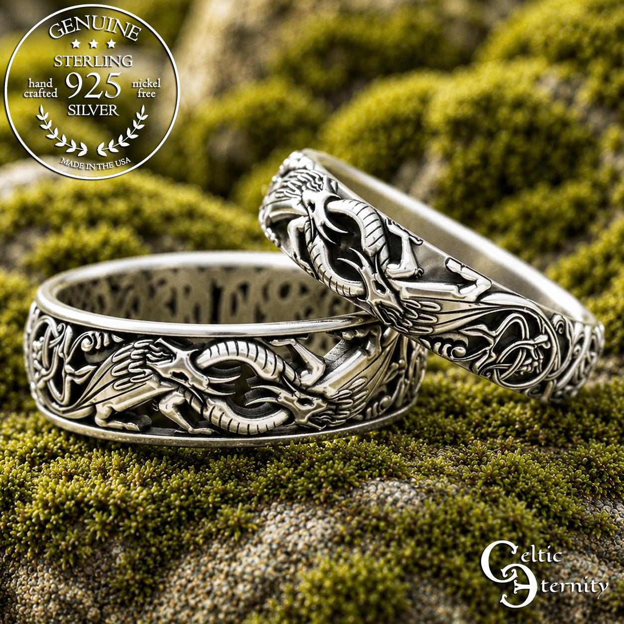 Sterling Silver Dragon Wedding Ring Set, Matching Dragon Wedding