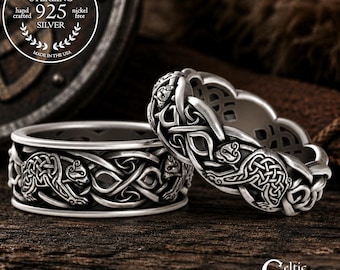 Sterling Scottish Bear Rings, Silver Matching His Hers Couples Wedding Band Set, Woven Knotwork Wedding Set, Bear Spirit Animal, 3094 9021