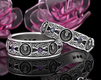 Scottish Alexandrite Wedding Ring Set, Matching Sterling Thistle Wedding Bands, Thistle Wedding Rings, Alexandrite Irish Rings, 4408 4409