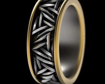 2-Tone Solid Valknut Knot Viking 10K Gold & Silver Ring, Interlocking Triangles Ring,Odin Rune Jewlery, Norse Ring, Sterling Rune Ring, 1712