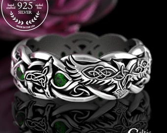 Emerald Raven & Wolves Wedding Ring, Sterling Womens Wedding Band, Emerald Viking Wolf Ring, Viking Raven Ring, Raven Wedding Ring, 4696
