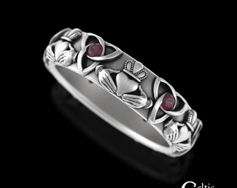 Ruby Claddagh Sterling Wedding Ring, Womens Heart Crown Handfasting Ring, Classic Ruby Scottish Trinity Band, Silver Claddagh Ring, 3162