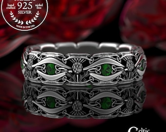 Sterling & Emerald Scottish Thistle Wedding Band, Celtic Trinity Thistles Bridal Ring, Sapphire Welsh Knotwork Pattern Wedding Ring, 3230