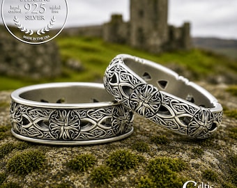 Bride & Groom Religious Cross Rings, Sterling Irish Catholic Matching Wedding Set, Silver Promise Rings, Christian Marriage Vows, 3267 3269