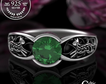 Bridal Cats Engagement Ring, Sterling & Emerald Irish Bezel Ring, Welsh Cat Soulmates Wedding Ring, Silver Ruby Kitten Proposal Ring, 3264