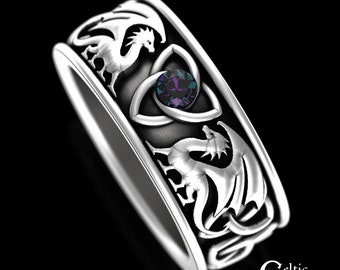 Alexandrite Dragon Ring, Celtic Dragon Wedding Band, Sterling Mens Dragon Ring, Silver Irish Dragon Ring, Dragon Wedding Ring, 3052