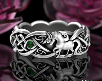 Celtic Magical Unicorn Ring, Emerald Sterling Horse Ring, Womens Irish Wedding Ring, Scottish Unicorn Ring, Ireland Knotwork Ring, 3032