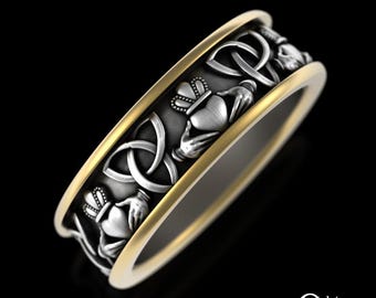 Mens 2tone Claddagh Ring, Sterling + 10K Gold Irish Heart Hands Ring, Silver Gold Celtic Knot Groom Wedding Band, Ireland Crown Ring, 4022