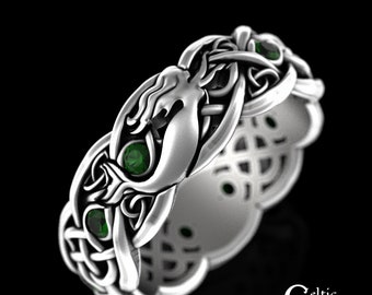 Emerald Celtic Mermaid Ring, Sterling Irish Mermaid Wedding Band, Womens Selkie Ring, Silver Siren Ring, Ocean Wedding Ring, Merwoman, 3058