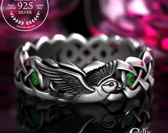 Sterling Puffin Emerald Ring, Silver Woman's Bird Wedding Ring, Atlantic Sea Bird Jewelry, Celtic Bird Anniversary, 2124