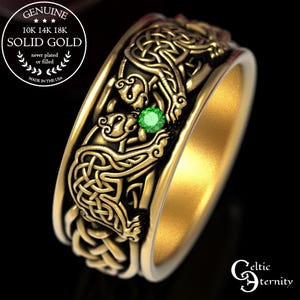 Emerald Bears Wedding Ring, Gold Bear Ring, Celtic Bear Ring, Bear Wedding Band, Emerald Mens Ring, White Gold Mens Ring, 1691