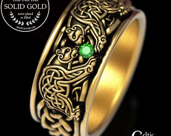 Emerald Bears Wedding Ring, Gold Bear Ring, Celtic Bear Ring, Bear Wedding Band, Emerald Mens Ring, White Gold Mens Ring, 1691
