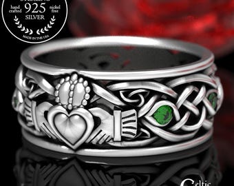 Mens Sterling Silver Celtic Claddagh Ring with Emeralds, Modern Claddagh Wedding Ring, Trinity Knot Silver Heart Ring, Irish Love Ring 1688
