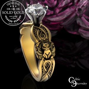 Moissanite & Gold Kitsune Fox Engagement Ring, 10K White Gold Soulmate Foxes Ring, 14K Gold Bridal Fox Wedding Ring, Platinum Vixen, 3235