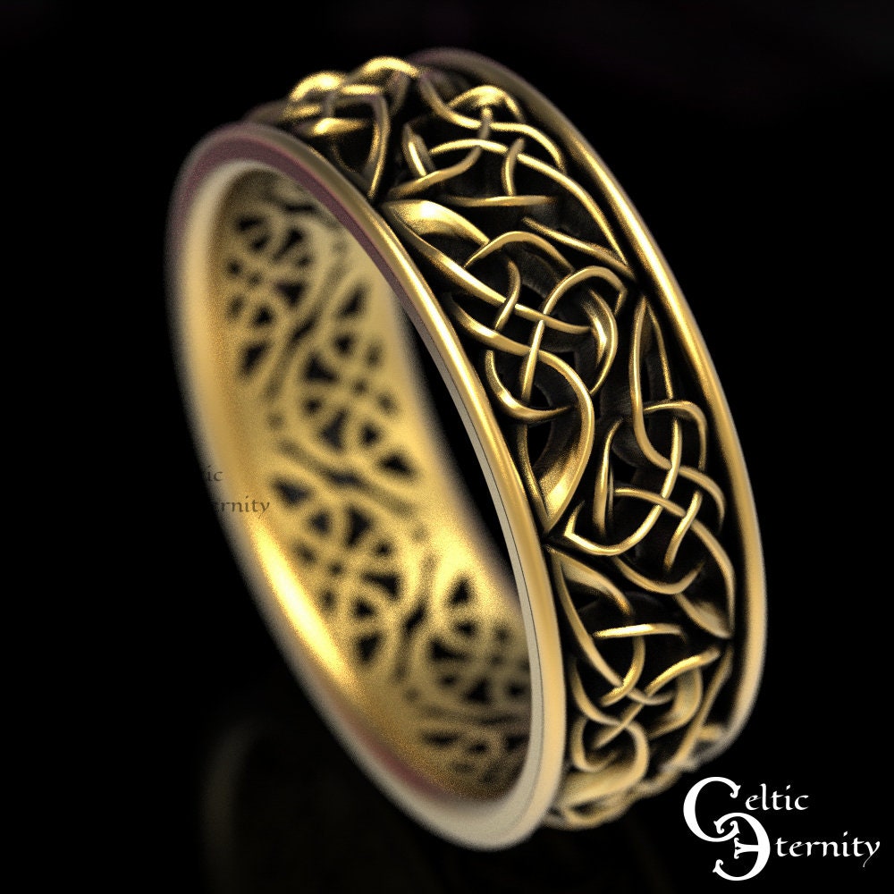 Gold Celtic Wedding Band, Mens Celtic Heart Wedding Ring, Gold Knotwork ...