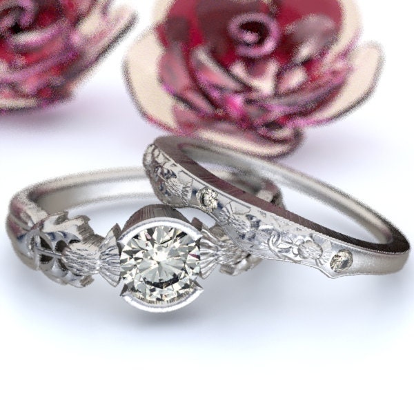 Scottish Engagement Ring, Thistle Engagement Set, Moissanite Engagement