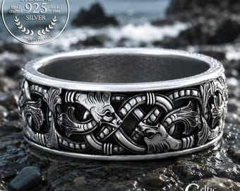 Sterling Men's Viking Dragons Ring, Interwoven Serpent Wedding Band, Celtic Dragon Head Knotwork Ring, Norse Jormungandr Jewelry, 2108