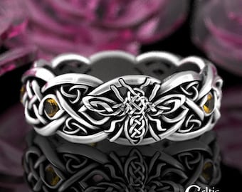 Sterling Bee Ring, Yellow Sapphire Celtic Bee Ring, Queen Bee Ring, Beekeeper Jewelry, Silver Bee Wedding Ring, Bee Wedding Band, 3086