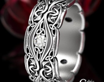 Mens Celtic Mushroom Ring, Wide Celtic Mens Wedding Band, Moissanite & Sterling Silver Ring, Mens Silver Wedding Ring, Mushroom Ring, 1535