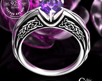 Sterling Celtic Cathedral Engagement Ring, Silver & Amethyst Irish Solitaire Ring, Intricate Scrollwork Wedding Ring, 2114