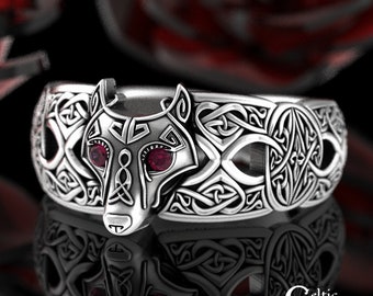 Ruby Celtic Wolf Ring, Ruby Wolf Ring, Sterling Wolf Ring, Wolf Wedding Ring, Ruby Viking Ring, Viking Wolf Ring, Mens Wolf Ring, 1744