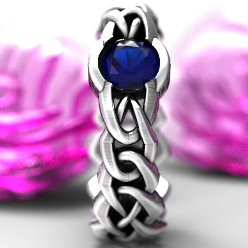 Made in Your Size Cr-1066c Celtic Cut-Through Quaternary Knot Design Ring Sapphire in Sterling SIlver or Palladium 10K 14K 18K Platinum
