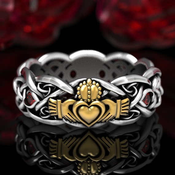 2-Tone Celtic Claddagh Ring with Ruby, Silver & Gold Claddagh Wedding Ring, Ruby Trinity Knot Silver Heart Ring, Irish Love Ring, 1685