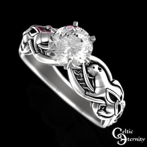 Otter Engagement Ring, Celtic Water Weasel Proposal Ring, Sterling Silver & Moissanite Engagement Ring, River Otter Wedding Band, 3060