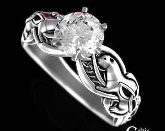 Otter Engagement Ring, Celtic Water Weasel Proposal Ring, Sterling Silver & Moissanite Engagement Ring, River Otter Wedding Band, 3060