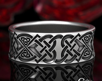 Mens Engraved Ring, Sterling Silver Heart Wedding Band, Mens Wide Ring, Mens Celtic Ring, Celtic Wedding Band, Silver Knotwork Ring, 1562