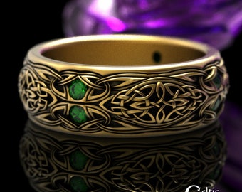 Mens Emerald Knotwork Ring, Mens Gold Celtic Ring, Gold Wedding Band for Men, Emerald & Gold Ring, Platinum Mens Celtic Ring, 1804