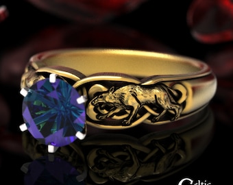 10K Alexandrite Celtic Wolf Ring, 10K Wolf Engagement Ring, 14K Alexandrite Engagement Ring, Direwolf Ring, Alexandrite Wedding Ring, 1868