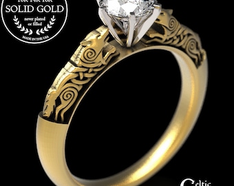 Gold Celtic Wolf Engagement Ring, Moissanite Solitaire Ring, Wolf Wedding Ring, Platinum Engagement Ring, Celtic Engagement Ring, 1801