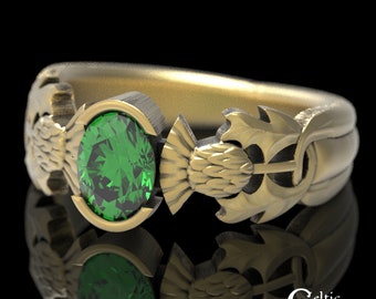 10K Emerald Thistle Ring, 10K Thistle Engagement Ring, 14K Scottish Thistle Ring, Gold Thistle Wedding Ring, Emerald Engagement Ring, 1777