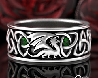 Sterling Welsh Dragon Ring, Emerald Celtic Dragon Wedding Band, Silver Dragon Ring, Irish Dragon Ring, Mens Scottish Dragon Ring, 3053