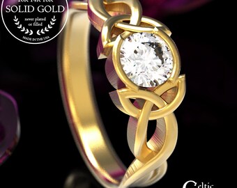 Gold Celtic Moissanite Engagement Ring With Trinity Knot Design in 10K 14K 18K or Platinum, Made in Your Size 405