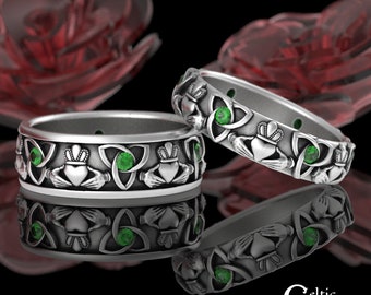 Claddagh Emerald Matching Wedding Set, Sterling His Hers Knotwork Celtic Wedding Band Set, Silver Trinity Irish Handfasting Rings 3162 3079