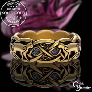 Anillo de alejandrita con alma gemela de gato en oro de 10 quilates, anillo de felino en oro blanco de 14 quilates, alianza de gato celta en platino, anillo de gatito de 18 quilates con nudo, 3097