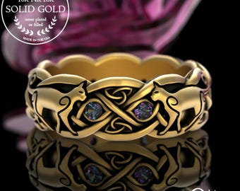 Alexandrite 10K Gold Soulmate Cats Ring, 14K White Gold Feline Ring, Celtic Cat Wedding Band in Platinum, 18K Kitty Cat Ring Knotwork, 3097