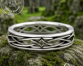 Sterling Men's Celtic Diamond Knotwork Wedding Band, Silver Scottish Groom Interwoven Ring, Woven Irish Lightweight Ring, 2085