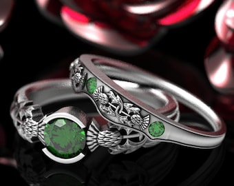 Sterling & Emerald Bridal Thistle Engagement Set, Silver Scottish Highland Bloom Rings, Matching Irish Bride Wedding Ring Set, 1774 1775