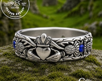 Sterling Thistle Claddagh for Bride, Sapphire Scottish Claddagh Wedding Band, Womens Nature Claddagh, Emerald Irish Heart Wedding Ring, 3244