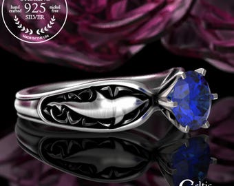 Sterling Dolphin Engagement Ring, Sapphire Celtic Dolphin Wedding Ring, Sea Theme Wedding Ring, Silver Ocean Ring, Irish Engagement, 3064