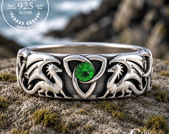 Ladies Welsh Dragon Ring, Sterling Emerald Celtic Wyvern Wedding Band, Silver Draco Wedding Ring, Handmade Dragon Bride Ring, D&D Ring, 3186