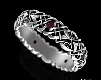 Celtic Ruby Heart Ring, Sterling Silver Celtic Wedding Band, Women's Ruby Celtic Trinity Knot Ring, Perfect Bridal Wedding Ring, 4014