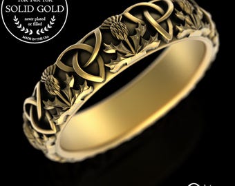10K Gold Scottish Wedding Band, 14K Womens Thistle Ring, Gold Scottish Thistle Ring, Gold Trinity Knot Wedding Band, Women Trinity Ring 4811
