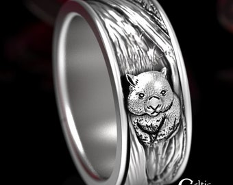 Sterling Silver Wombat Ring, Tree Bark Ring, Wombat Jewelry, Australia Wedding Theme, Wombat Wedding Ring, Silver Marsupial Ring, 5112